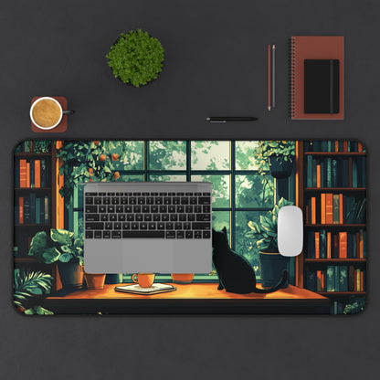Books Plants and Cat Desk Mat, Cozy Large MousePad for Gaming or Office Decor