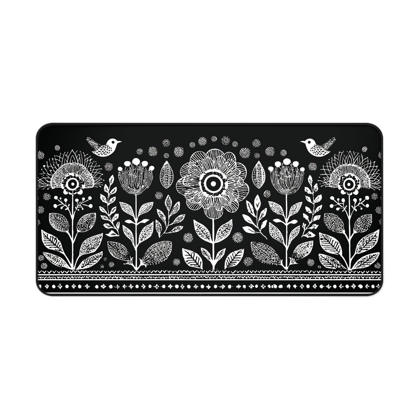Folk Art Floral Desk Mat: Scandinavian Black & White Mouse Pad XL