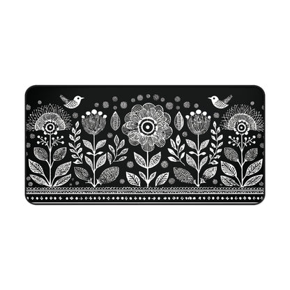 Folk Art Floral Desk Mat: Scandinavian Black & White Mouse Pad XL