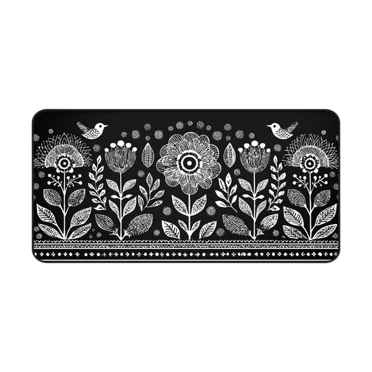 Folk Art Floral Desk Mat: Scandinavian Black & White Mouse Pad XL