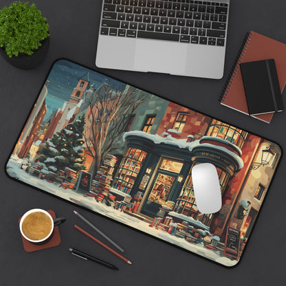 Winter Bookstore Desk Mat, Serene Christmas Desk Pad