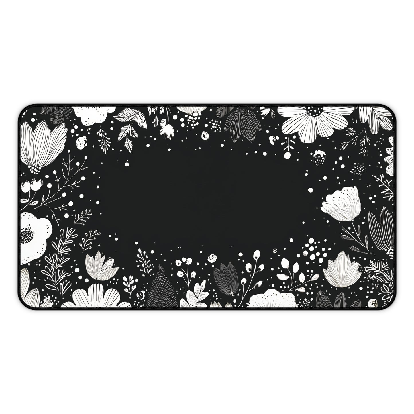 Night Garden Desk Mat: Whimsical White Flowers on Black