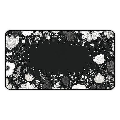 Night Garden Desk Mat: Whimsical White Flowers on Black