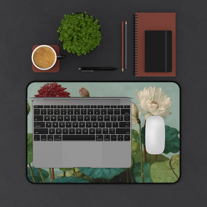 Lotus & Dahlia Desk Mat: Vintage Botanical Painting Mouse Pad XL