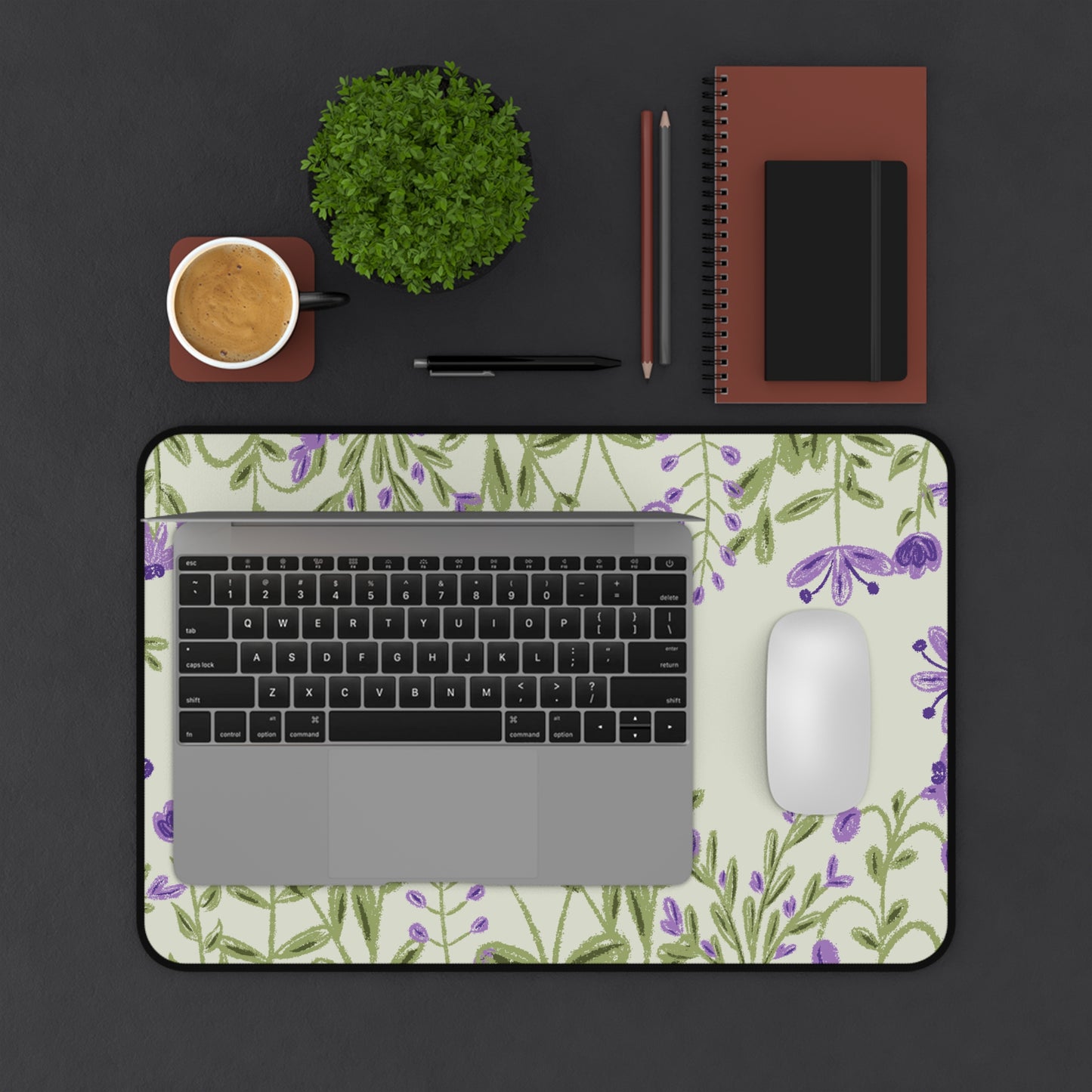 Lavender Floral Desk Mat: Purple Flowers on Sage Green