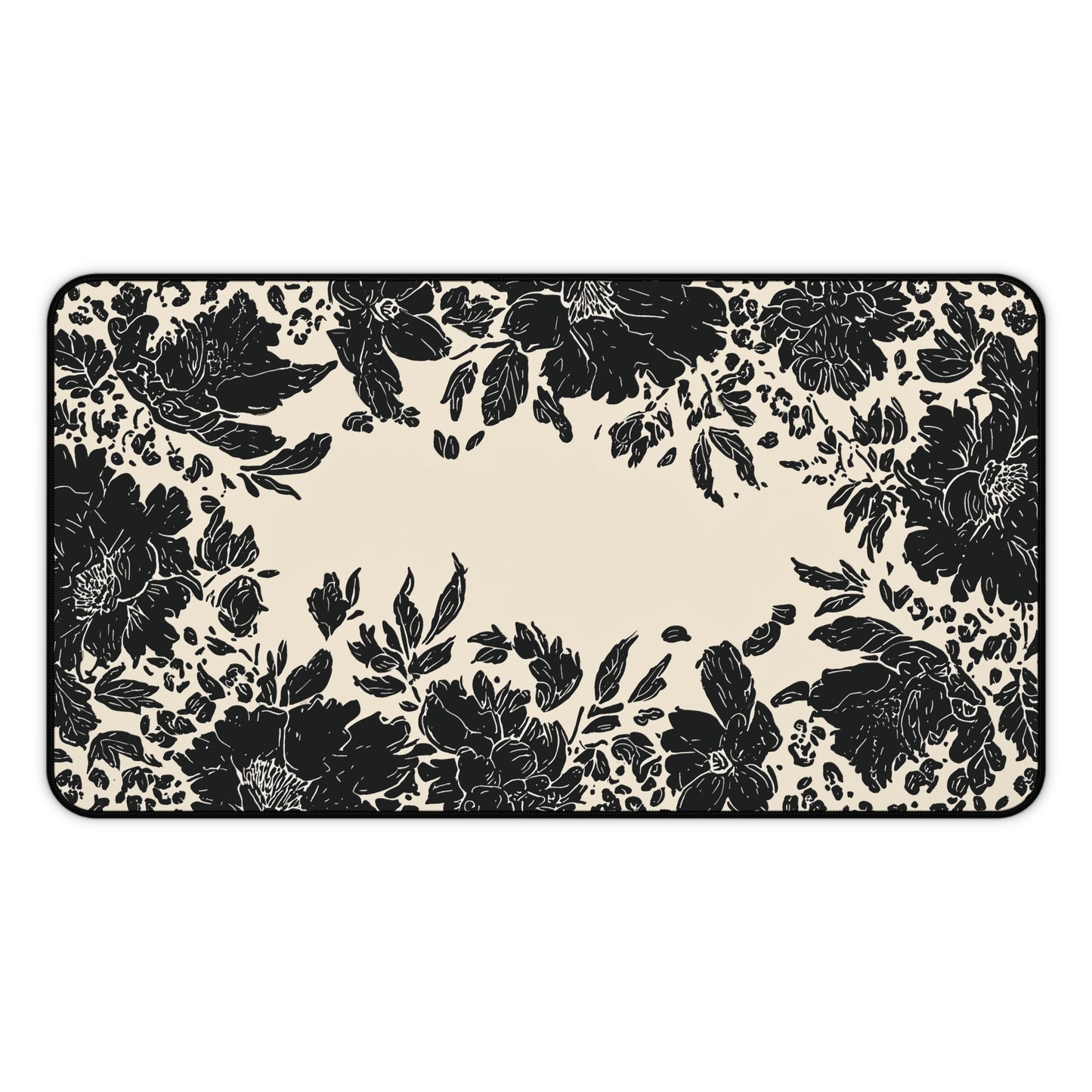 Vintage Black Floral Desk Mat: Cream & Ink Botanical Computer Pad