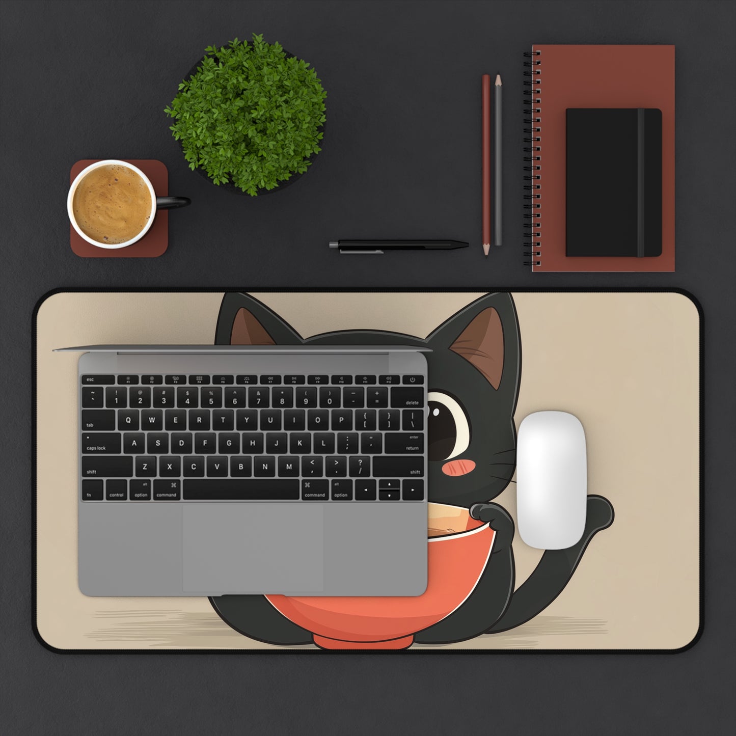 Cute Black Cat Desk Mat, Kawaii Mouse Pad for Cat Lovers, Black Cat Eating Ramen Desk Pad