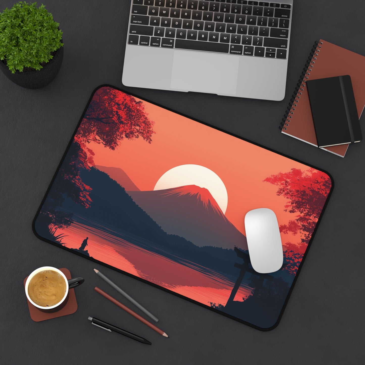 Japanese Landscape Desk Mat, Mountain and Samurai Gaming Desk Pad