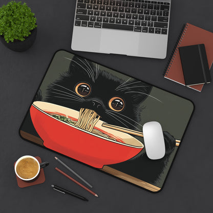 Black Cat Eating Ramen Desk Mat, Anime Mouse Pad for Cat Lovers