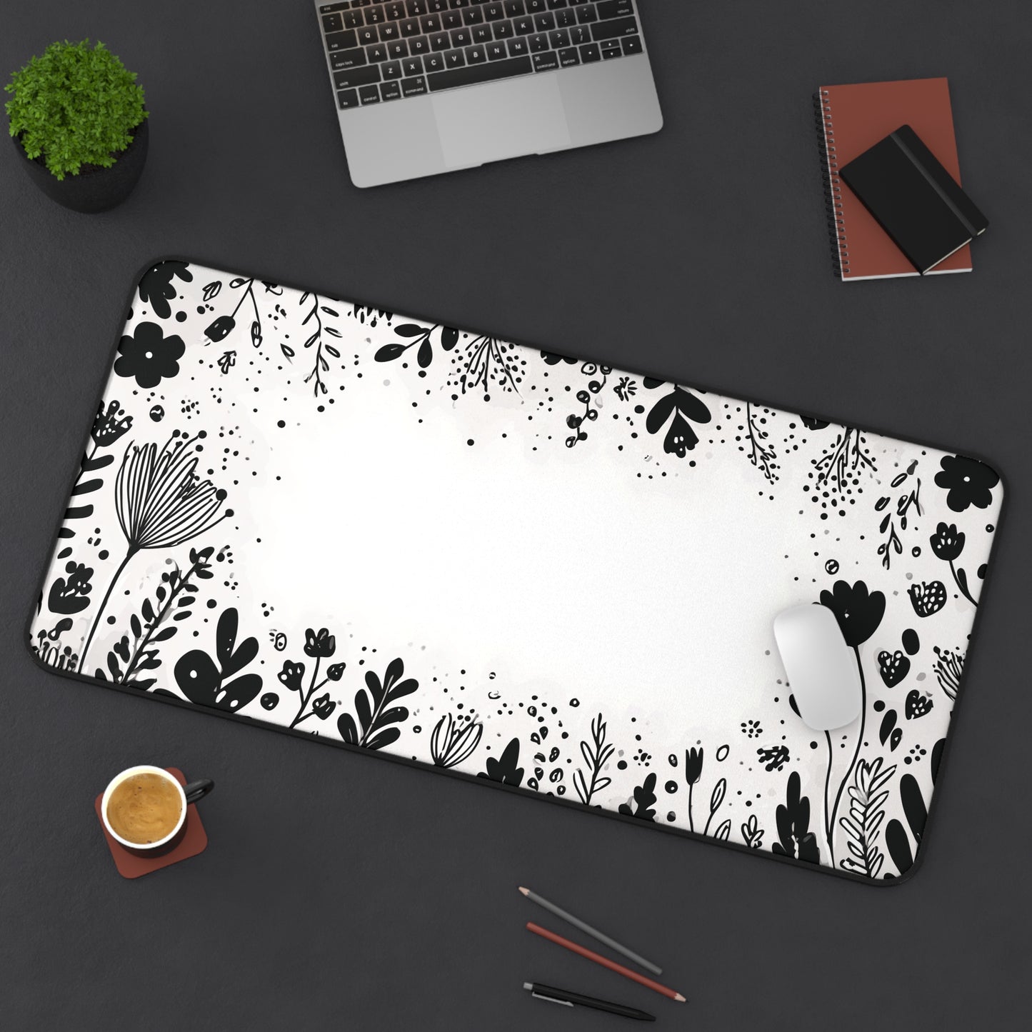 White Desk Mat: Minimalist Black Flowers Desk Pad