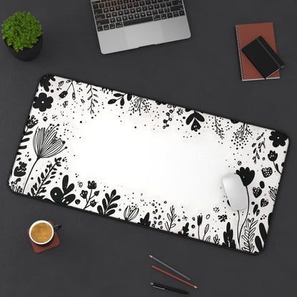 White Desk Mat: Minimalist Black Flowers Desk Pad