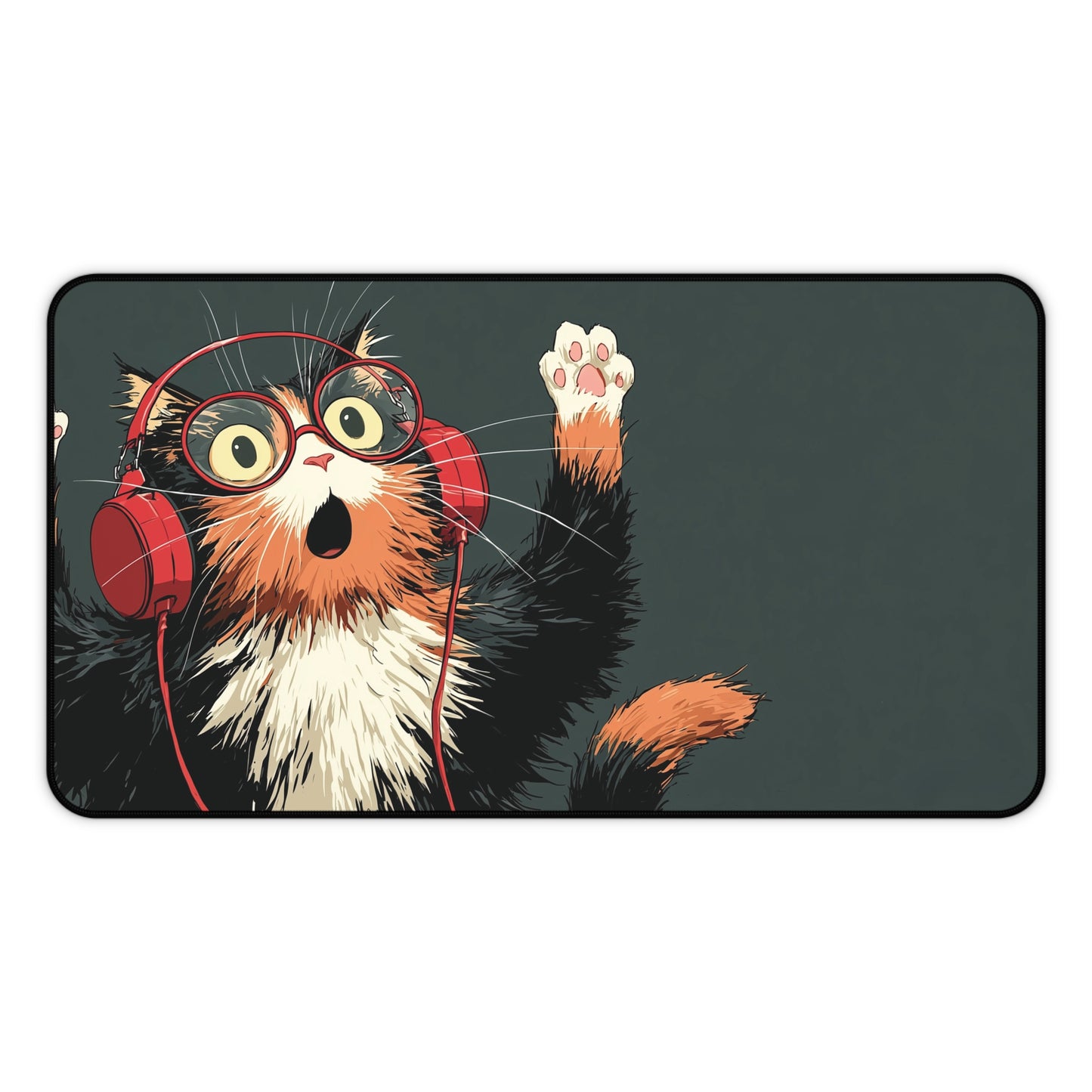 Cat with Headphones Desk Mat: Funny Calico Cat Mouse Pad