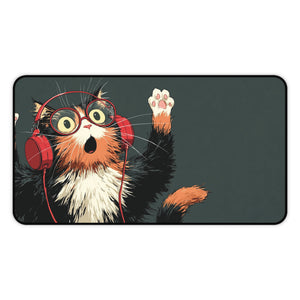 Cat with Headphones Desk Mat: Funny Calico Cat Mouse Pad
