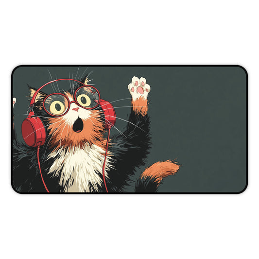 Cat with Headphones Desk Mat: Funny Calico Cat Mouse Pad