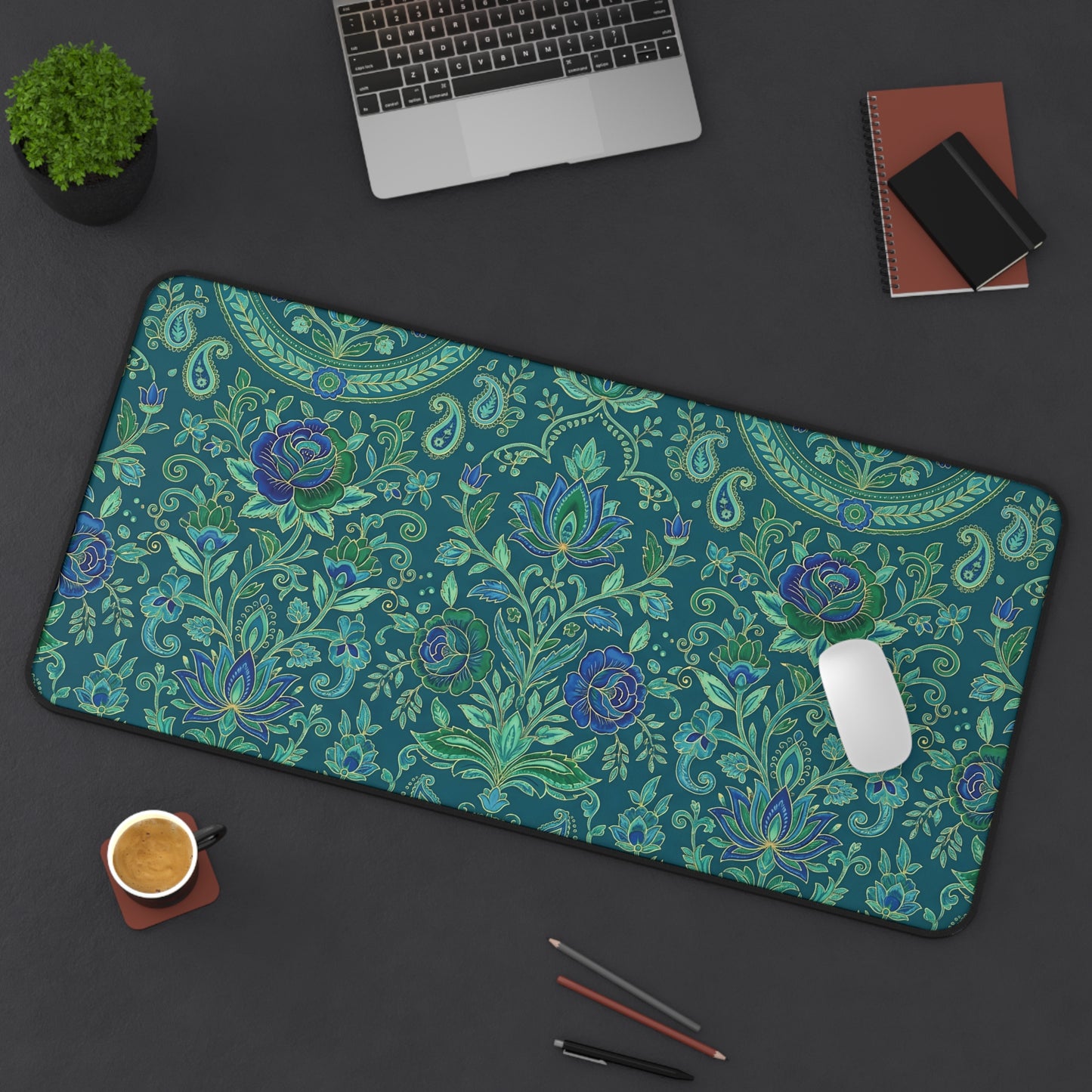 Teal Paisley Desk Mat: Boho Floral Design