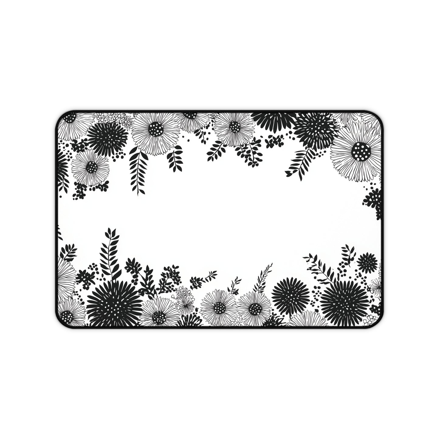 White Floral Desk Mat: Black Ink Flower Border Design