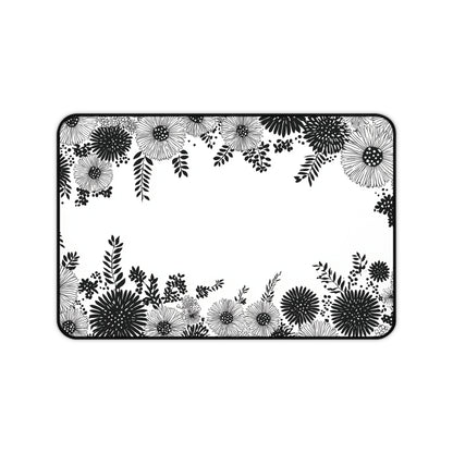 White Floral Desk Mat: Black Ink Flower Border Design