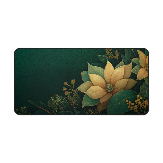 Floral Christmas Desk Mat, Green & Gold Festive Desk Pad