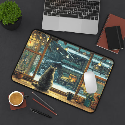 Cozy Cat Desk Mat, Anime Style Snowy Desk Pad for Cat Lovers