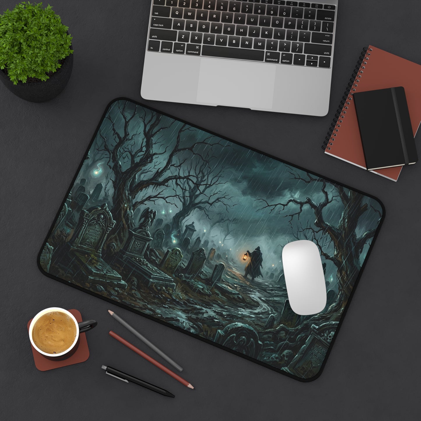 Rectangle desk mat with gothic cemetery illustration, teal glow, and white mouse pad area