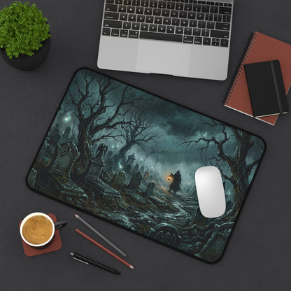 Rectangle desk mat with gothic cemetery illustration, teal glow, and white mouse pad area