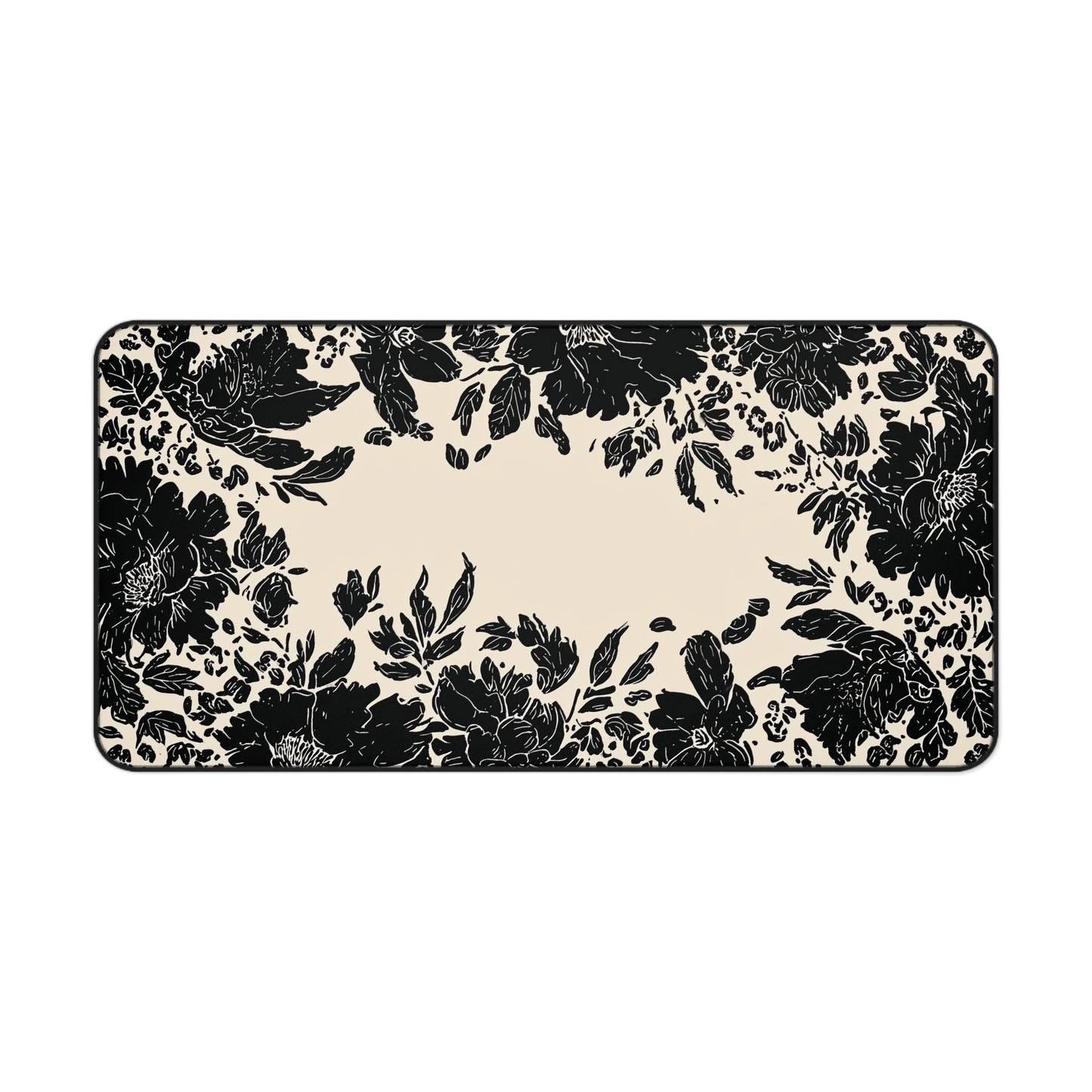 Vintage Black Floral Desk Mat: Cream & Ink Botanical Computer Pad