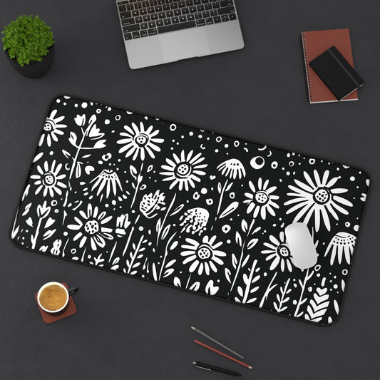 Wildflower Desk Mat: Hand-Drawn Doodle Floral in Black & White