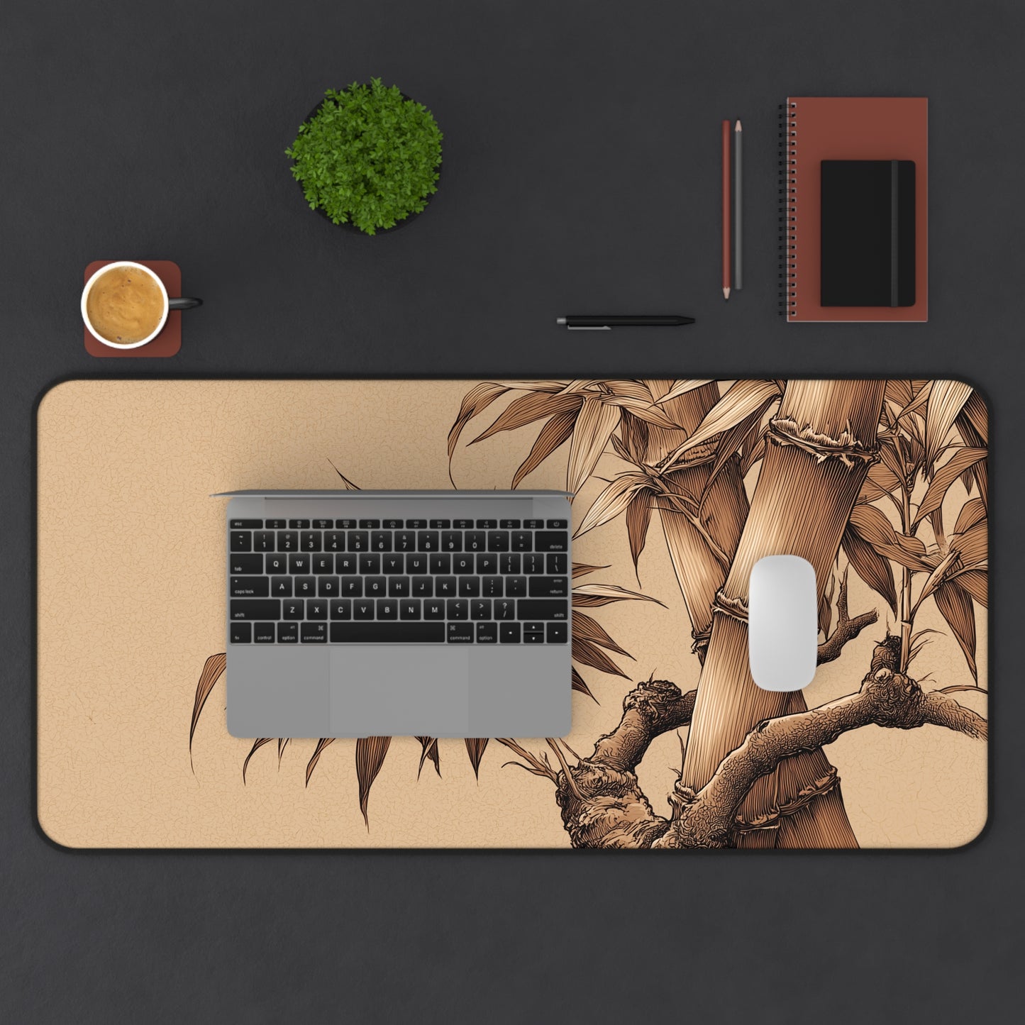 Bamboo Line Art Desk Mat: Beige & Minimalist Zen Mouse Pad