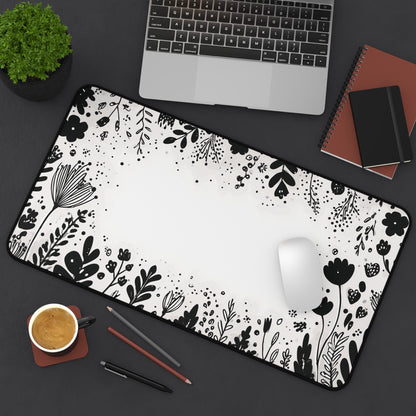 White Desk Mat: Minimalist Black Flowers Desk Pad