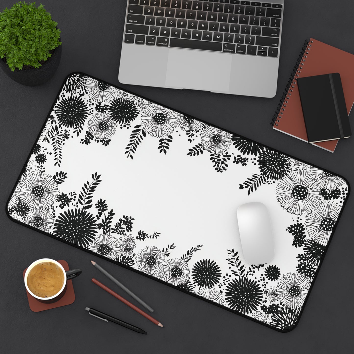 White Floral Desk Mat: Black Ink Flower Border Design
