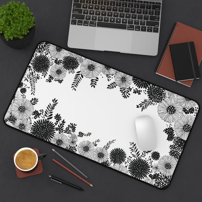White Floral Desk Mat: Black Ink Flower Border Design