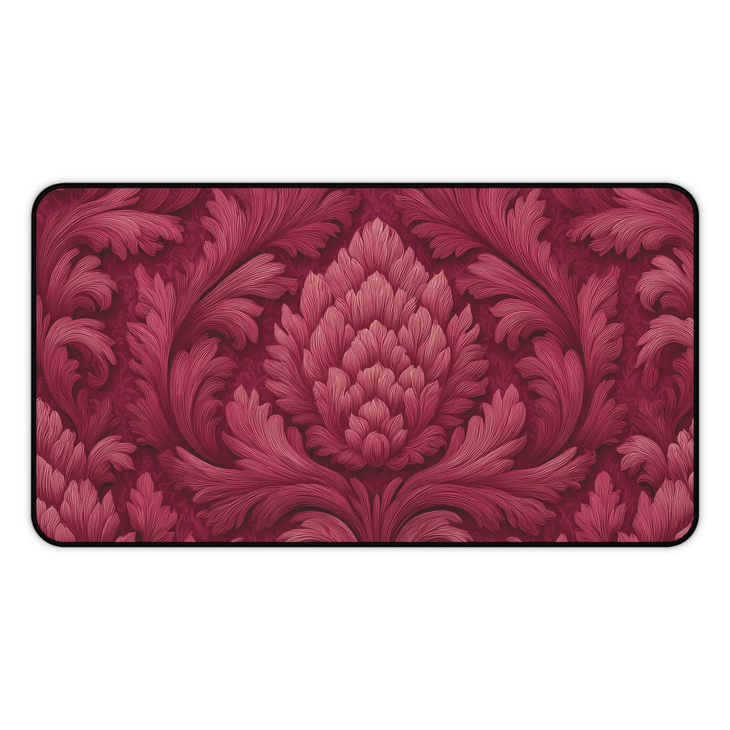 Ruby Red Desk Mat: Velvet-Look Damask Acanthus Design