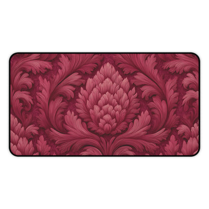 Ruby Red Desk Mat: Velvet-Look Damask Acanthus Design