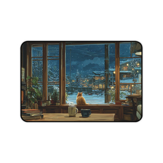 Cozy Winter Cat Desk Pad Anime Style, Christmas Office Decor