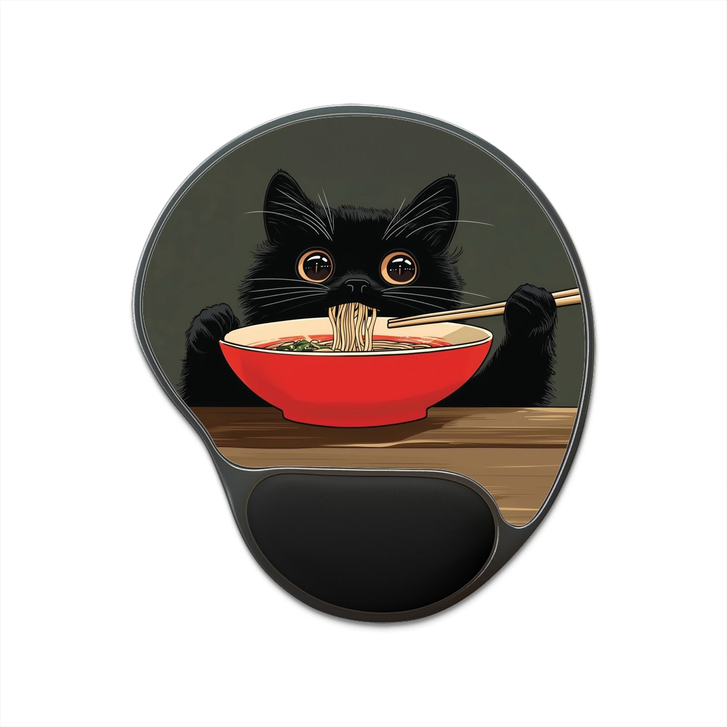 Ergonomic Black Cat Eating Ramen Mouse Pad with Wrist Rest