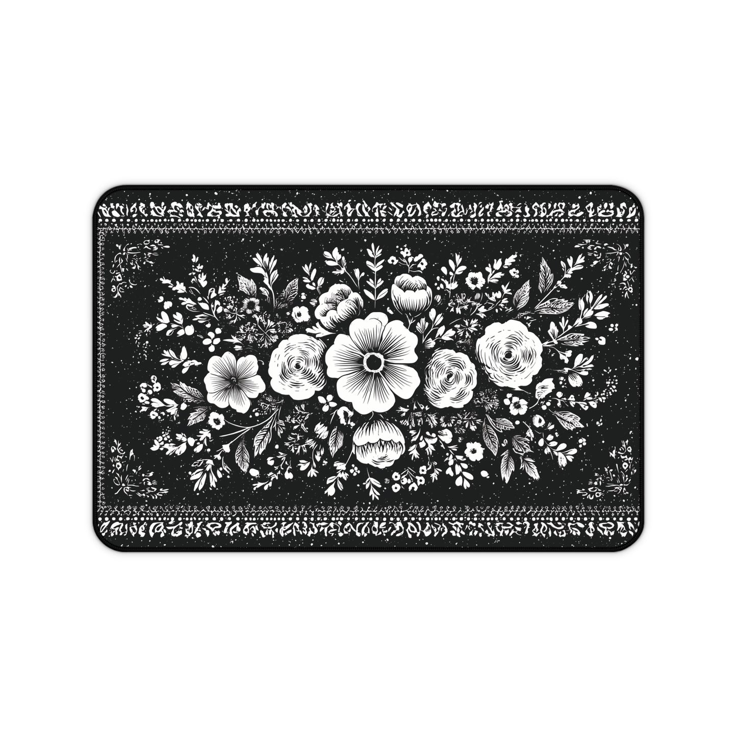 White Rose Desk Mat: Vintage Bouquet on Black Mouse Pad
