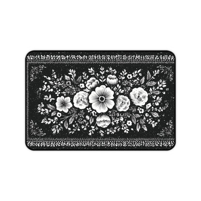 White Rose Desk Mat: Vintage Bouquet on Black Mouse Pad