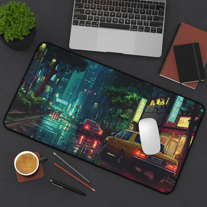 Pixel Art Desk Mat: Rainy Neon City Mouse Pad