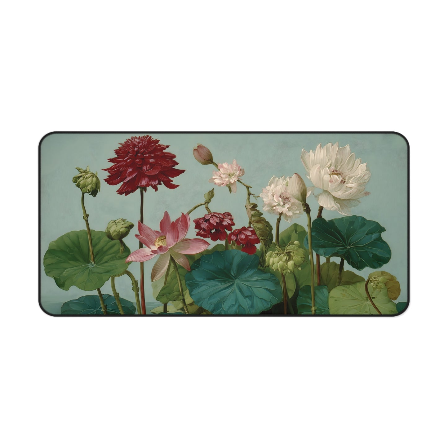 Lotus & Dahlia Desk Mat: Vintage Botanical Painting Mouse Pad XL
