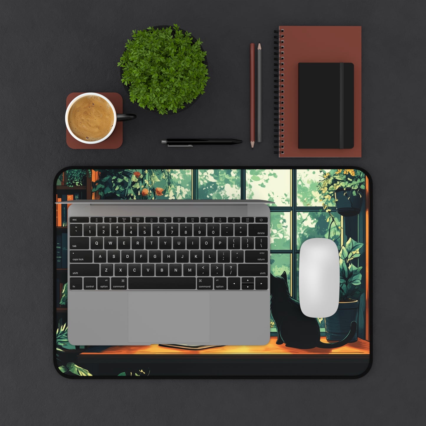 Books Plants and Cat Desk Mat, Cozy Large MousePad for Gaming or Office Decor