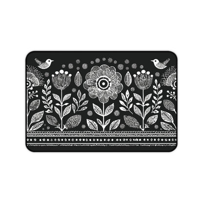 Folk Art Floral Desk Mat: Scandinavian Black & White Mouse Pad XL