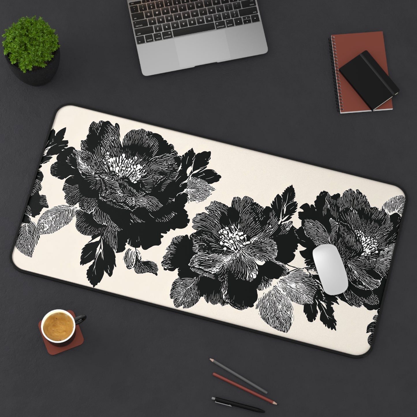 Beige and Black Dark Cottagecore Moody Floral Desk Mat