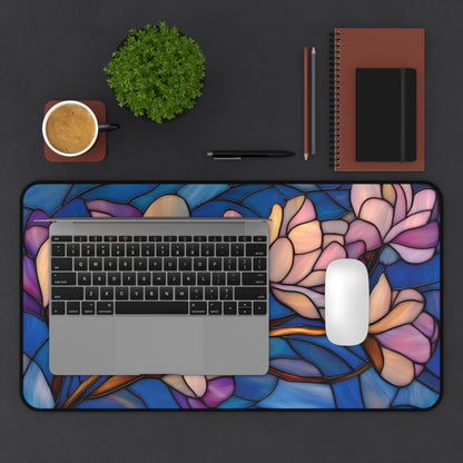 Stained Glass Style Magnolia Desk Mat: Pink & Blue Floral MousePad