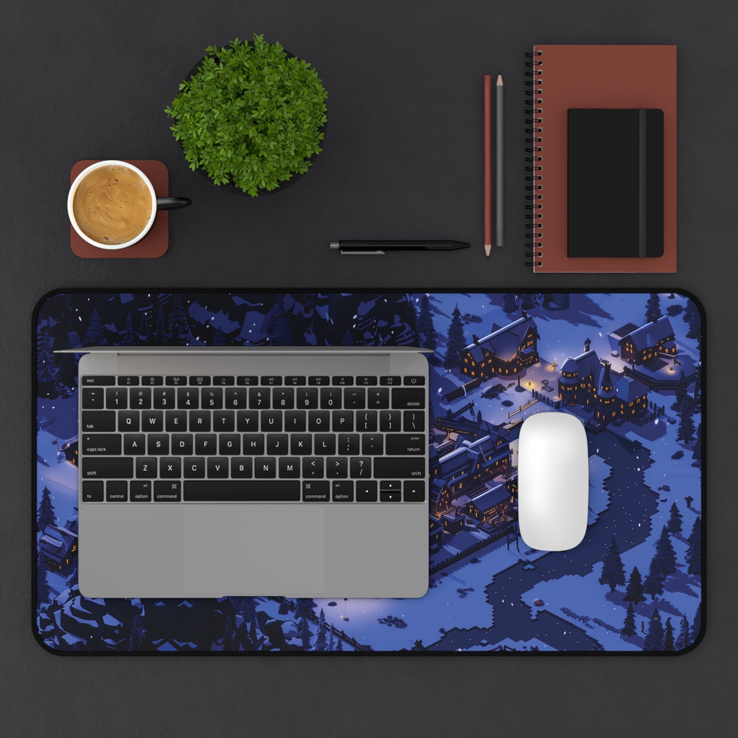 Pixel Art Snowy Winter Village Desk Mat, Christmas Mouse Pad