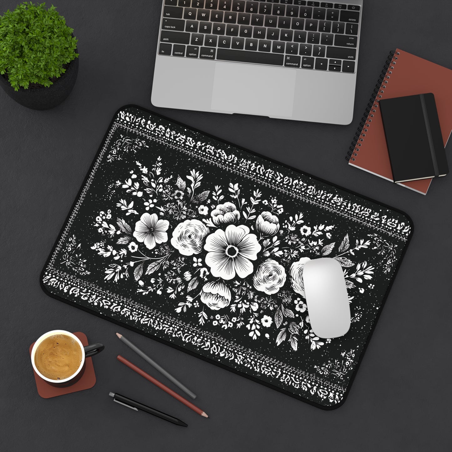White Rose Desk Mat: Vintage Bouquet on Black Mouse Pad