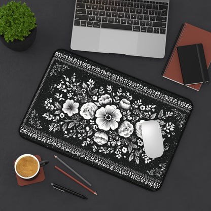 White Rose Desk Mat: Vintage Bouquet on Black Mouse Pad