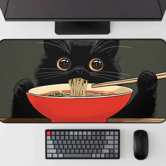 Black Cat Eating Ramen Desk Mat, Anime Mouse Pad for Cat Lovers