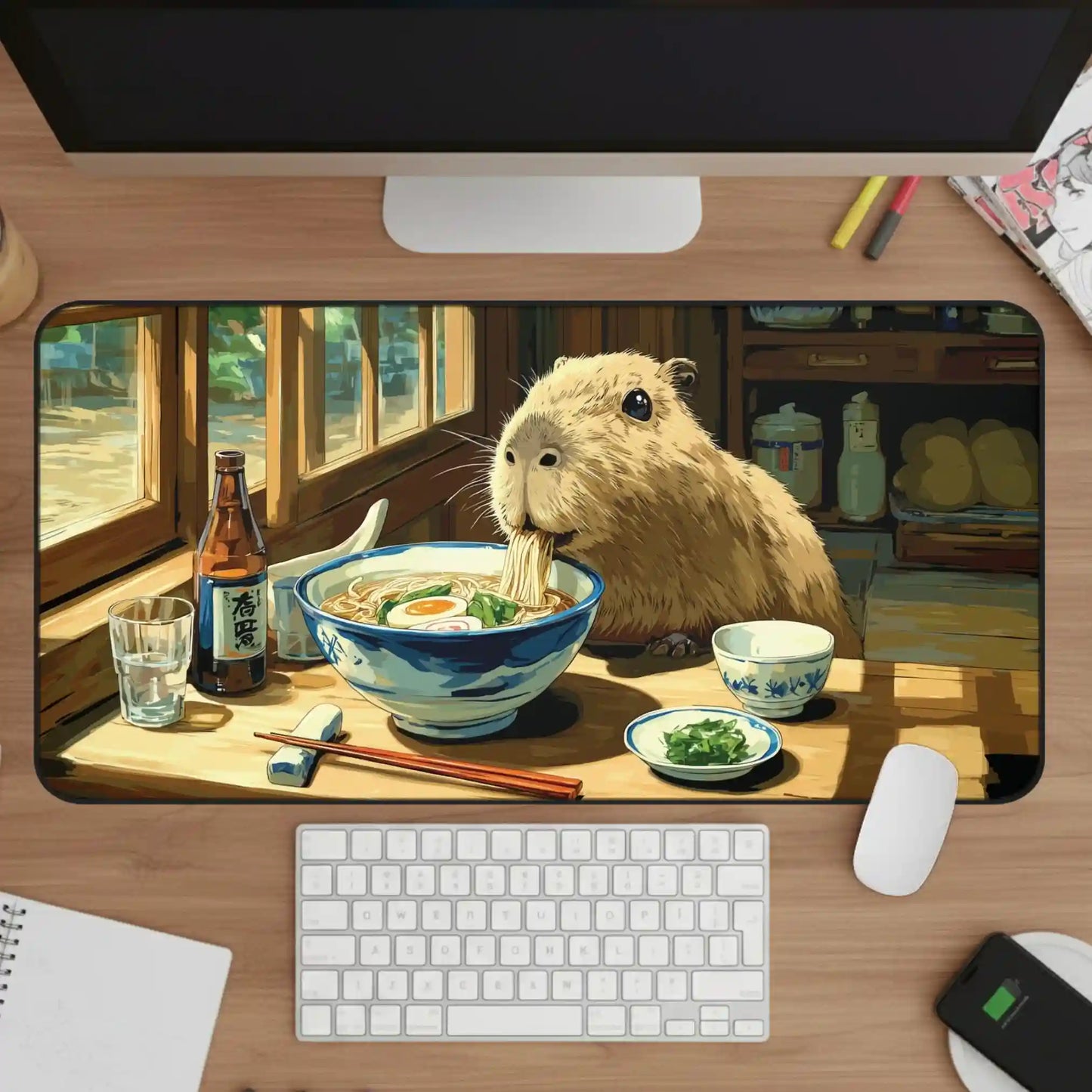Capybara Ramen Desk Mat, Funny Anime Animal Mouse Pad